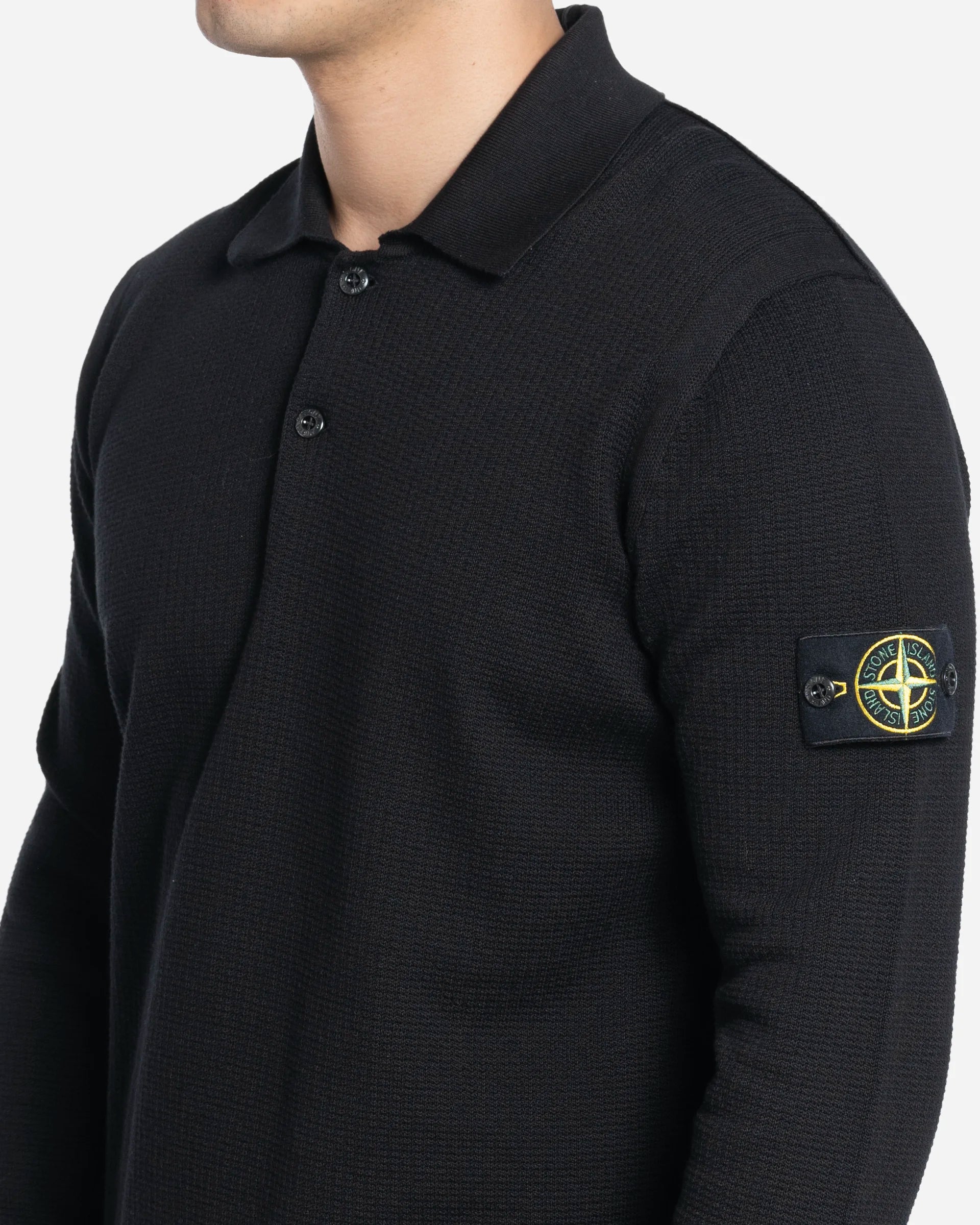 Black Knitted Long-Sleeve Polo Shirt
