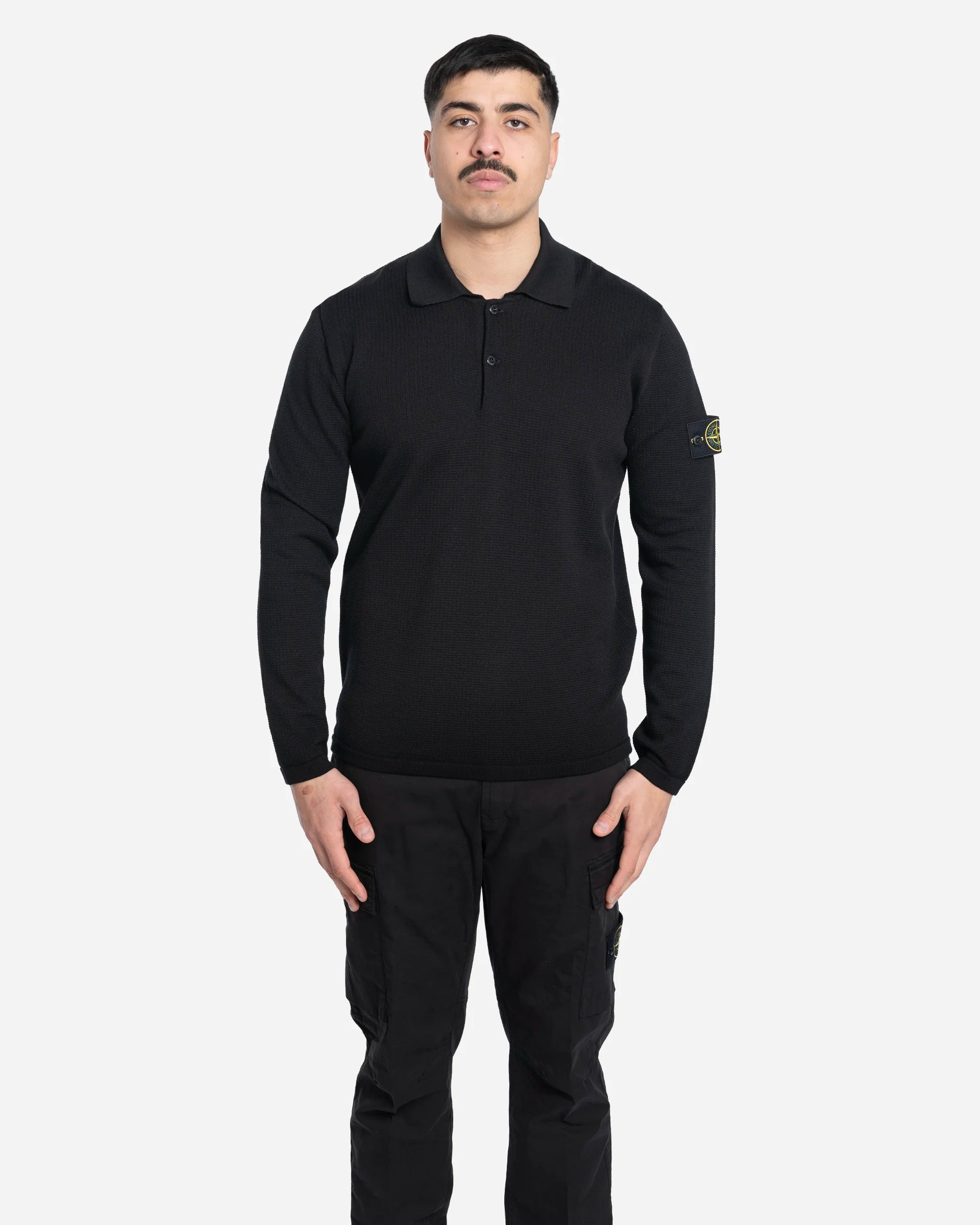 Black Knitted Long-Sleeve Polo Shirt