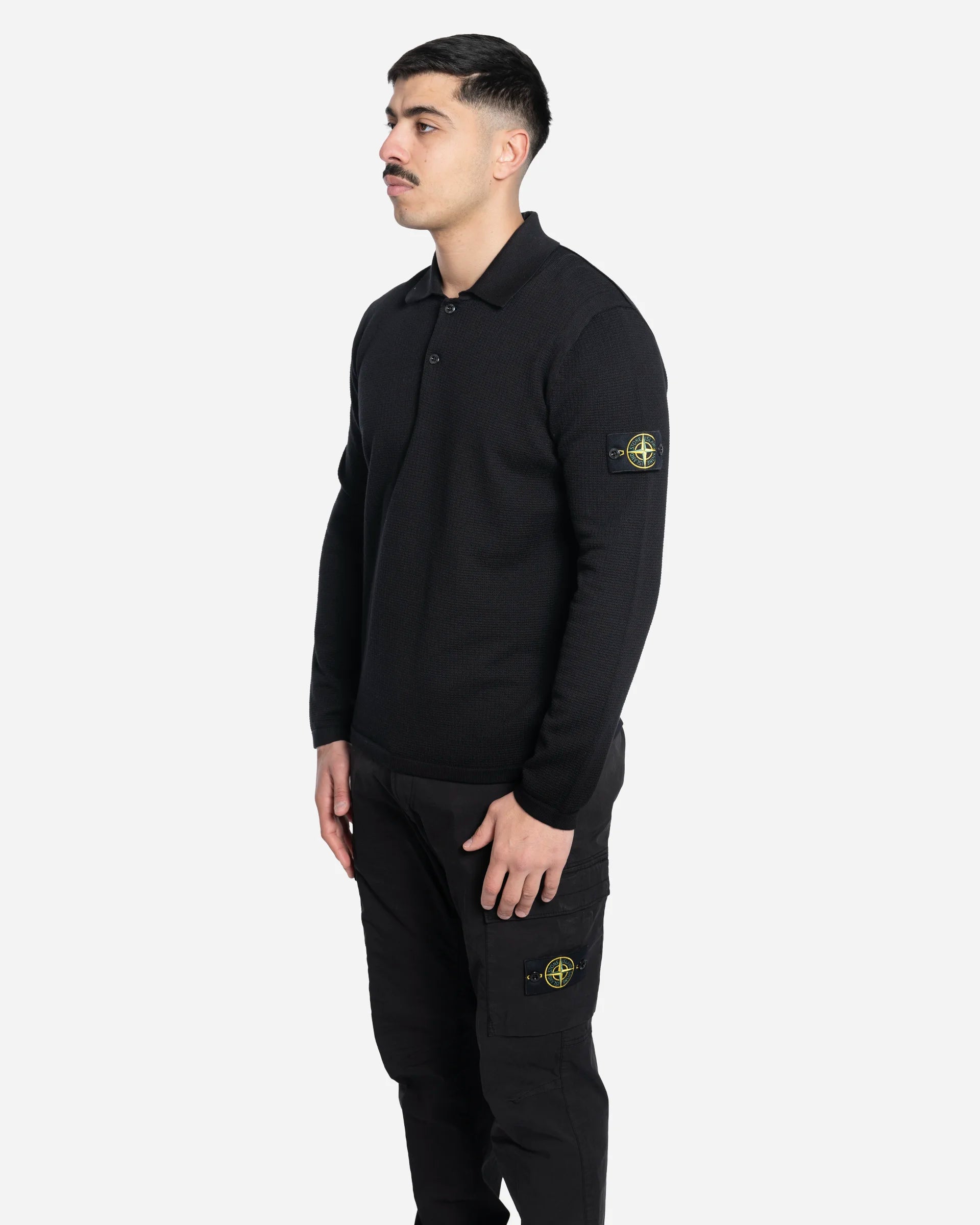 Black Knitted Long-Sleeve Polo Shirt
