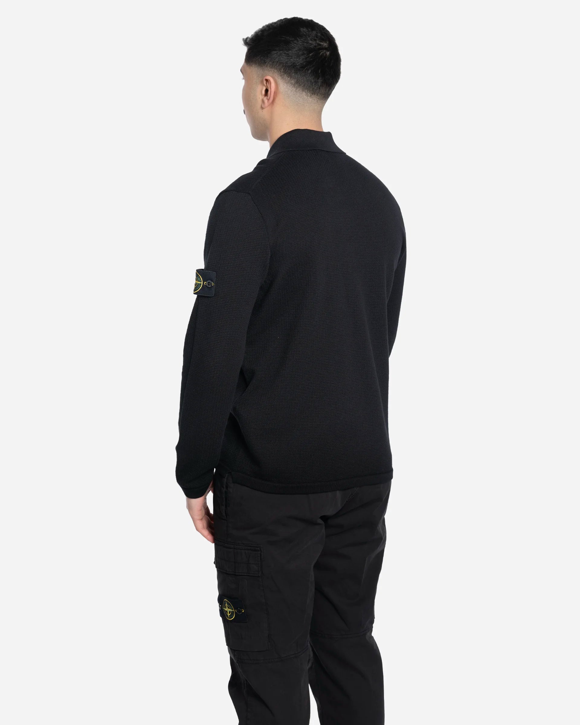 Black Knitted Long-Sleeve Polo Shirt