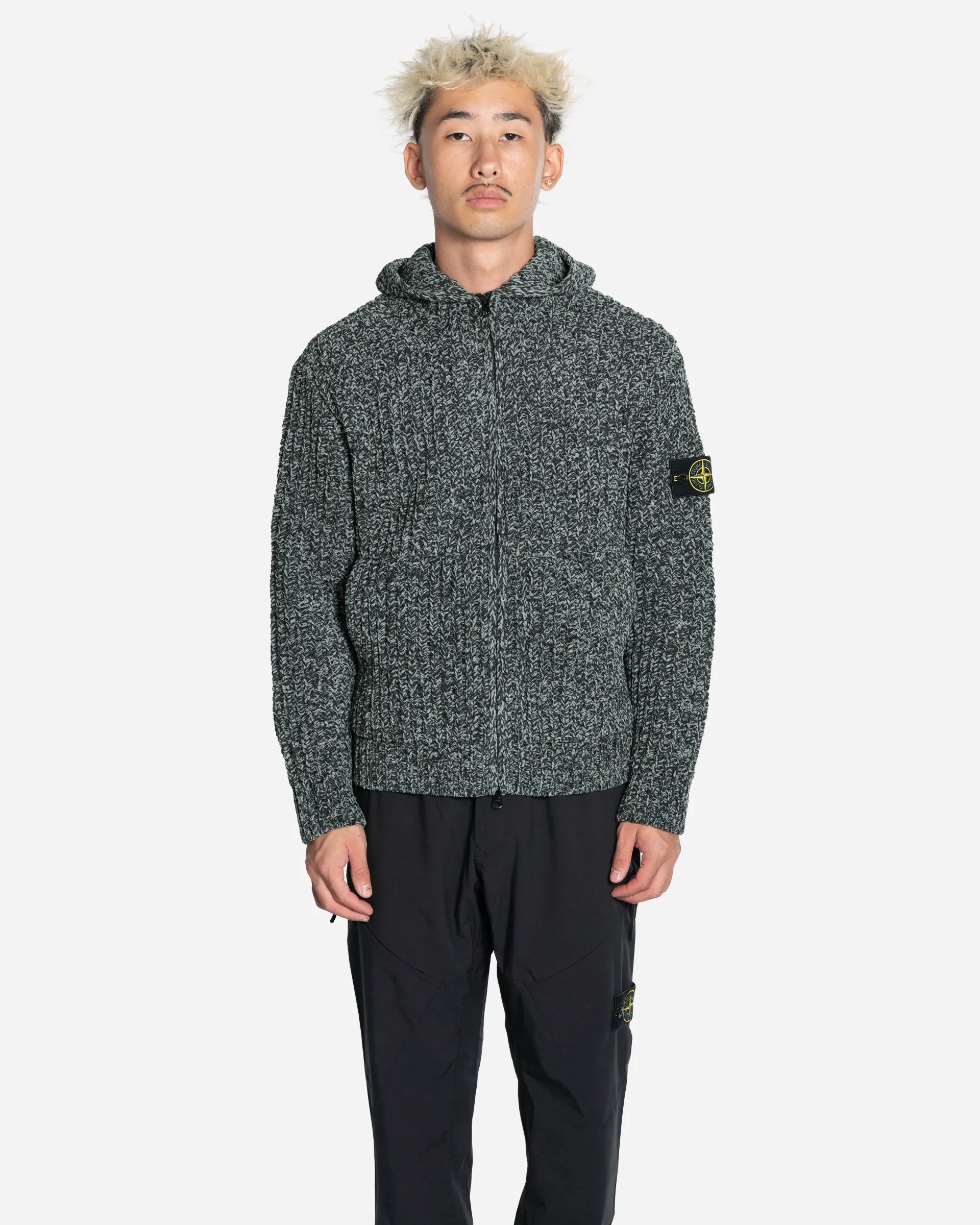 Pull à Capuche Zippé en Chenille de Coton Mouliné Dark Green