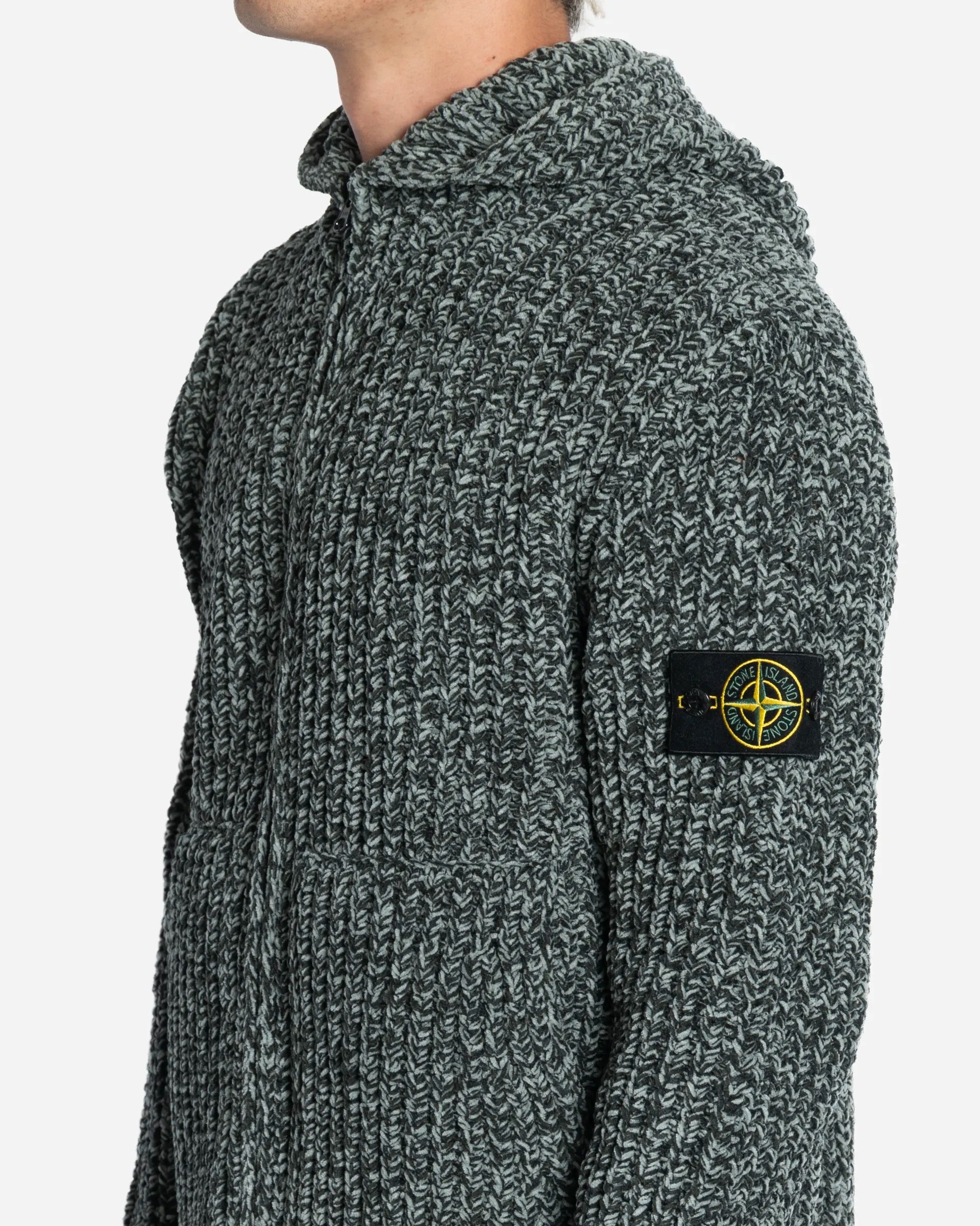 Pull à Capuche Zippé en Chenille de Coton Mouliné Dark Green