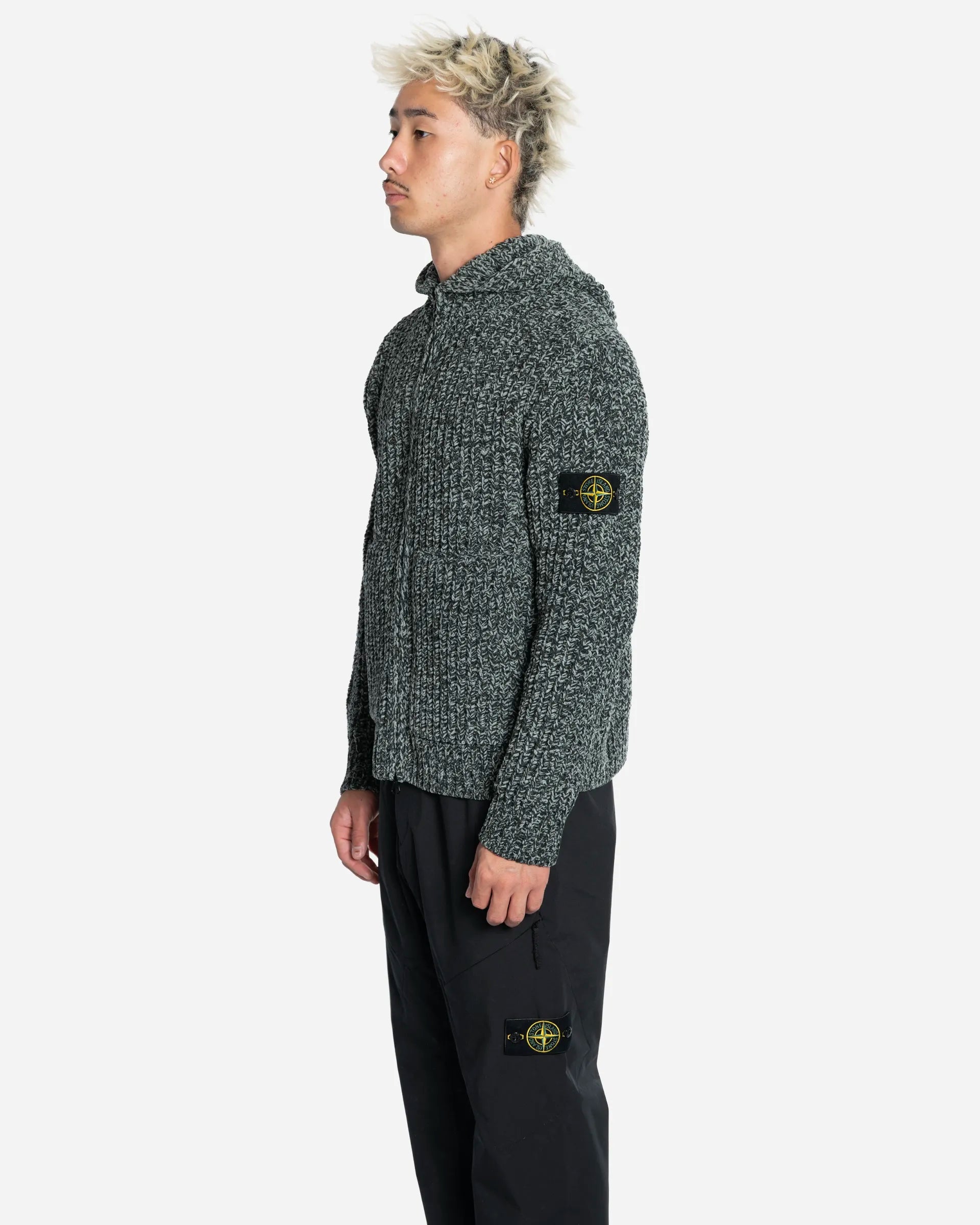 Pull à Capuche Zippé en Chenille de Coton Mouliné Dark Green