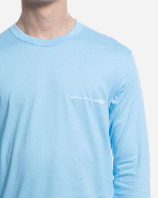 Comme Des Garçons Shirt Men's Long Sleeve Logo T-shirt Blue Close Up View